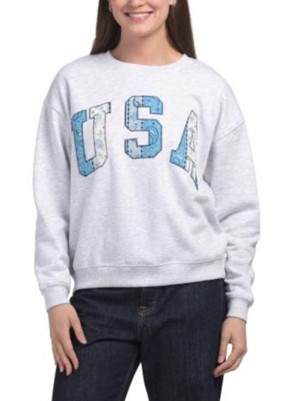 LAZY SUNDAY Fleece USA Bandana Patch Crewneck Heather Grey Sweatshirt Medium NEW